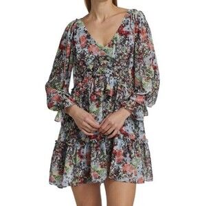 Cinq a Sept Lewis Floral Georgette Mini Dress Tiered Long Sleeve Size 0